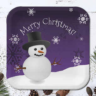 Purple Snowman Winter Scene Christmas Paper Plate