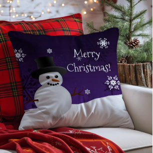 Purple Snowman Winter Scene Christmas Throw Pillow
