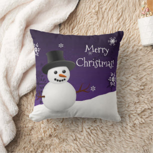 Purple Snowman Winter Scene Christmas Throw Pillow