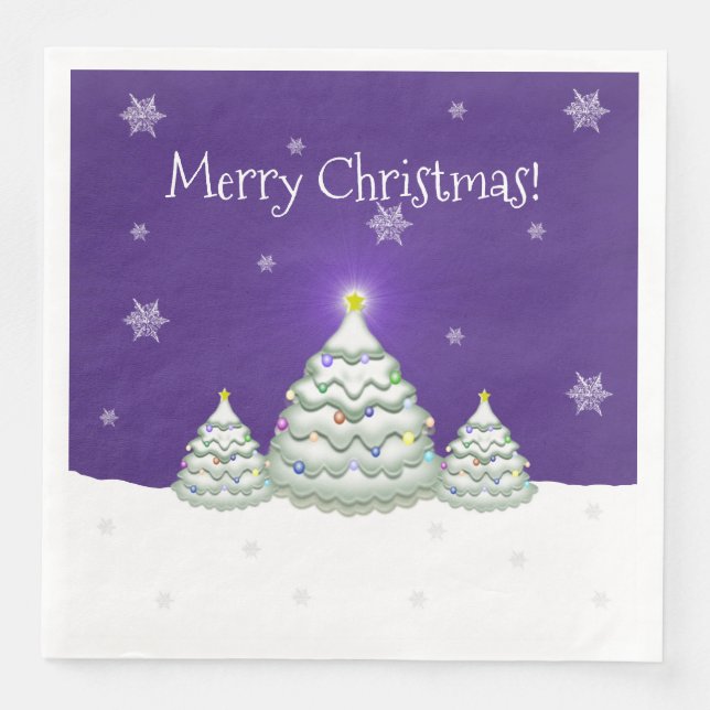 Purple Snowy Christmas Tree Paper Napkin (Front)