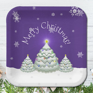 Purple Snowy Christmas Tree Paper Plate