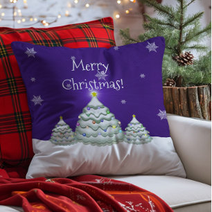 Purple Snowy Christmas Tree Throw Pillow