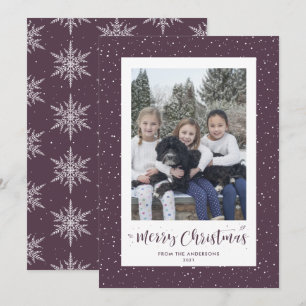 Purple Snowy Snowflake Photo Merry Christmas Cards