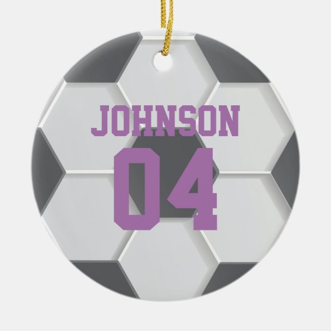 Purple Soccer Ball Christmas Ceramic Ornament (Front)