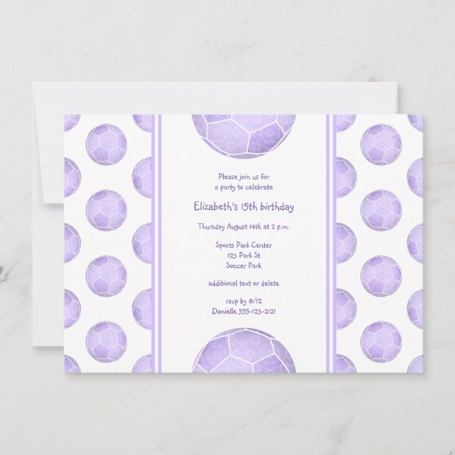 purple soccer balls pattern sports birthday party invitation (Front)
