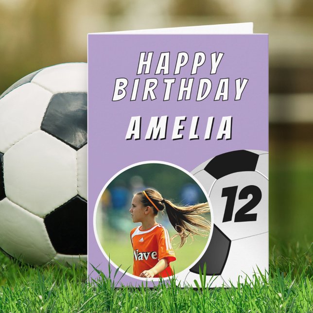Purple Soccer Football Ball Photo Birthday Card (Creator Uploaded)