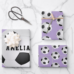 Purple Soccer Football Balls Kids Name Birthday Wrapping Paper Sheet