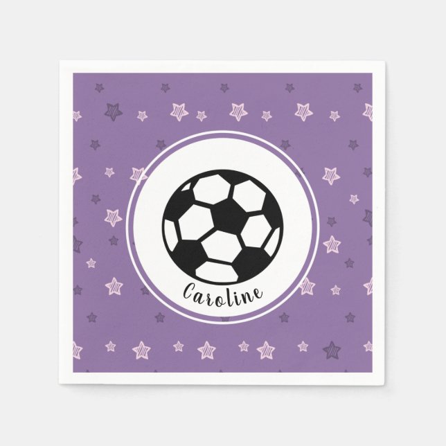 Purple Soccer Party Pink Star Sports Personalized Napkin (Front)