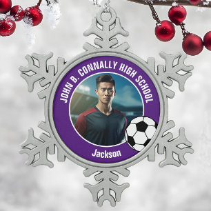 Purple Soccer Player Photo High School Spirit Snowflake Pewter Christmas Ornament