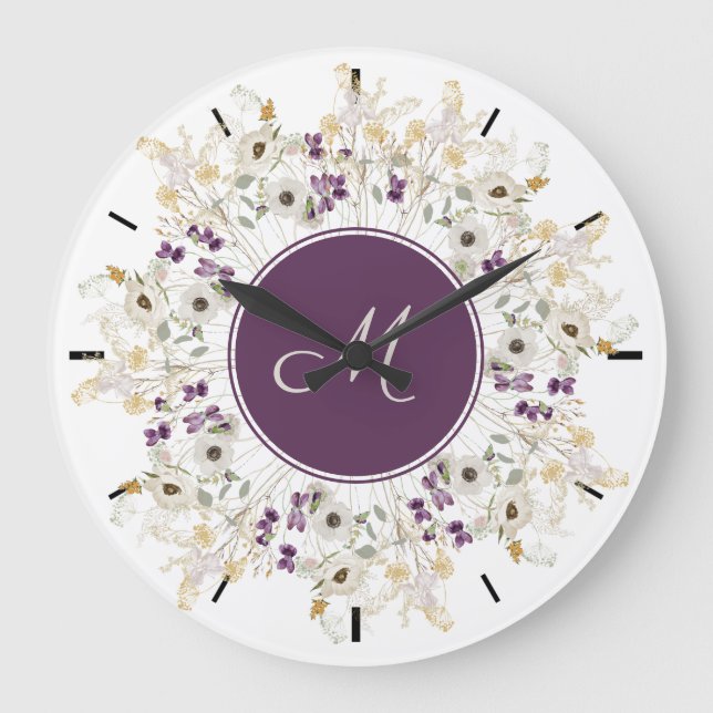 Purple Soft Wildflower Wreath Monogram Wall Clock (Front)