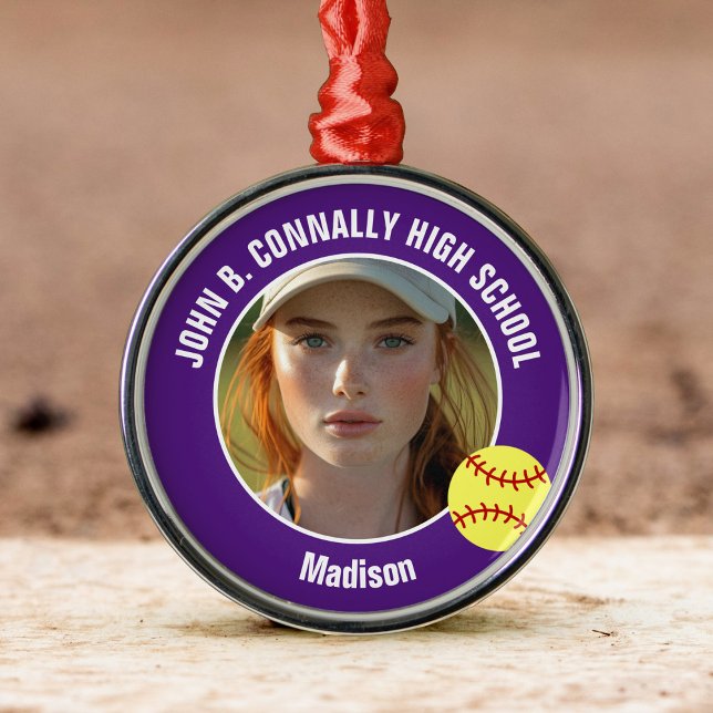 Purple Softball Player Photo High School Christmas Metal Ornament (Creator Uploaded)