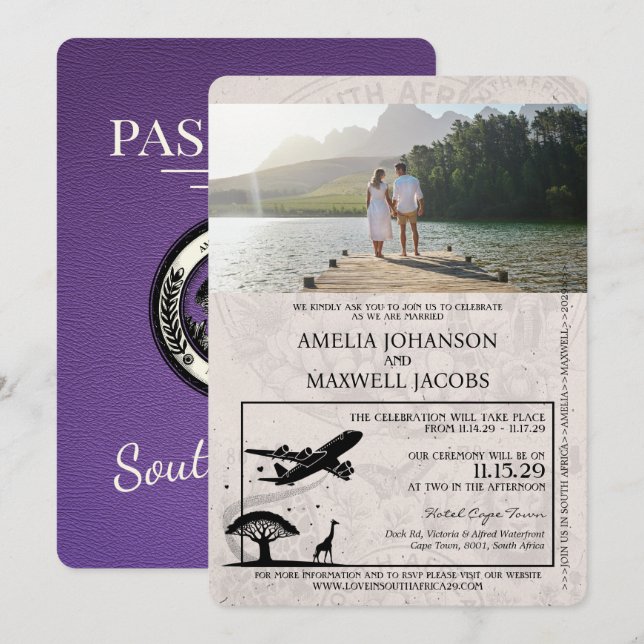 Purple South Africa Passport Wedding Invitation (Front/Back)