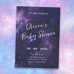 Purple space galaxy baby shower invitation