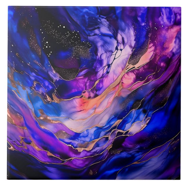 Purple Space Nebula in Alcohol Ink Tile (Front)