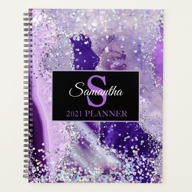 Purple Sparkle Agate Monogram Modern Luxury Planner (Front)