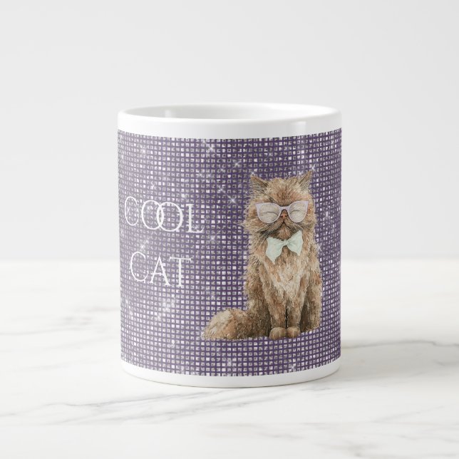 Purple Sparkle Brown Cool Cat Glasses   Large Coffee Mug (Front)