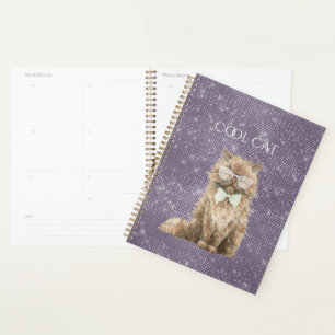 Purple Sparkle Brown Cool Cat Glasses Planner