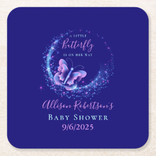 Purple Sparkle Butterfly Girl Baby Shower Square Paper Coaster