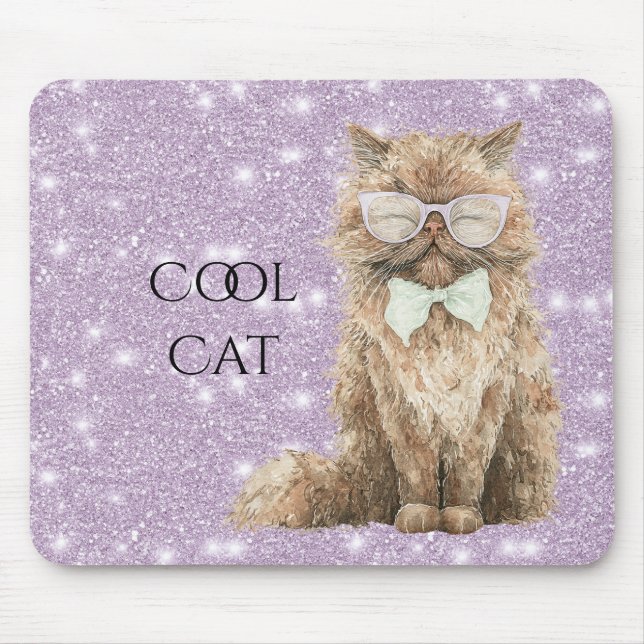 Purple Sparkle Glitter Brown Cool Cat Glasses   Mouse Pad (Front)