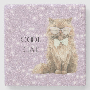 Purple Sparkle Glitter Brown Cool Cat Glasses   Stone Coaster