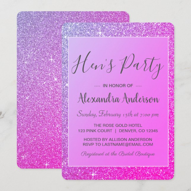 Purple Sparkle Glitter Hen's Party Invitation (Front/Back)
