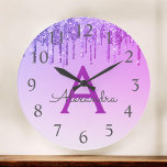 Purple Sparkle Glitter Monogram Name & Initial Large Clock<br><div class="desc">Purple  Ombre Dripping Sparkle Glitter Monogram Name and Initial Serving Wall Clock. The Wall Clock makes the perfect gift for someone who loves purple sparkle glitter.</div>