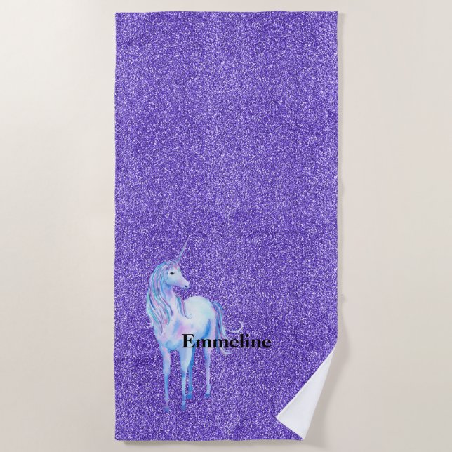 Purple Sparkle Glitter Unicorn Name   Beach Towel (Front)