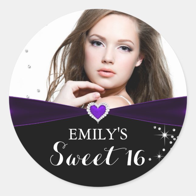 Purple Sparkle Heart Photo Sweet Sixteen Sticker (Front)