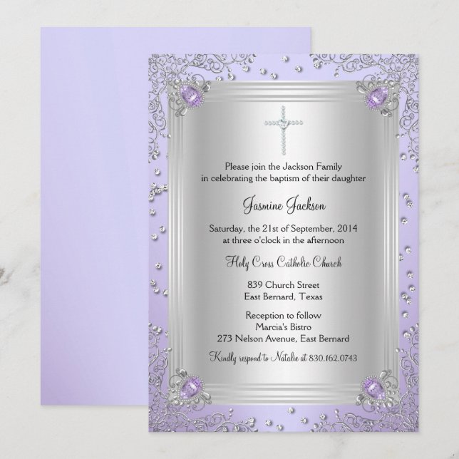 Purple Sparkle Jewel Baptism/Christening Invite (Front/Back)
