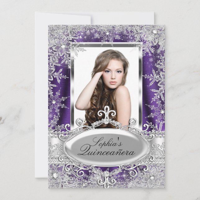 Purple Sparkle Jewel Snowflake Quinceanera Invitation (Front)