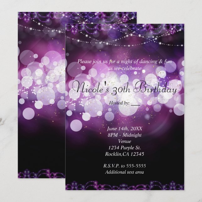 Purple Sparkle Lights Glam Birthday Party Invitation (Front/Back)