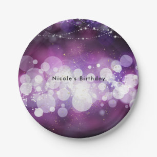 Purple Sparkle Lights Glam Birthday Party Paper Plate