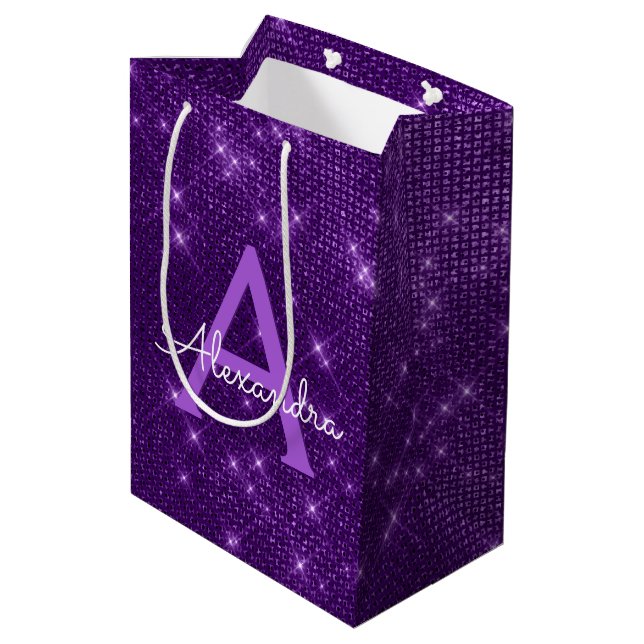 Purple Sparkle Monogram - Add Your Name Medium Gift Bag (Back Angled)