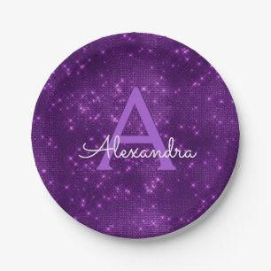 Purple Sparkle & Shimmer Monogram Birthday Paper Plate