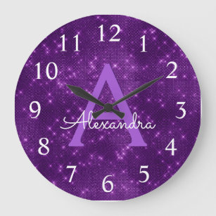 Purple Sparkle Shimmer Monogram Name & Initial Large Clock