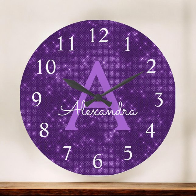Purple Sparkle Shimmer Monogram Name & Initial Large Clock (Creator Uploaded)
