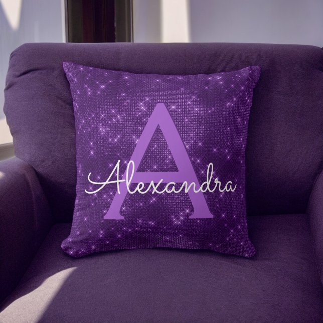 Purple Sparkle Shimmer Monogram Name & Initial Throw Pillow (Creator Uploaded)