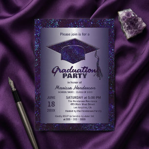 Purple Sparkle Silver Glitter Graduation Party Invitation
