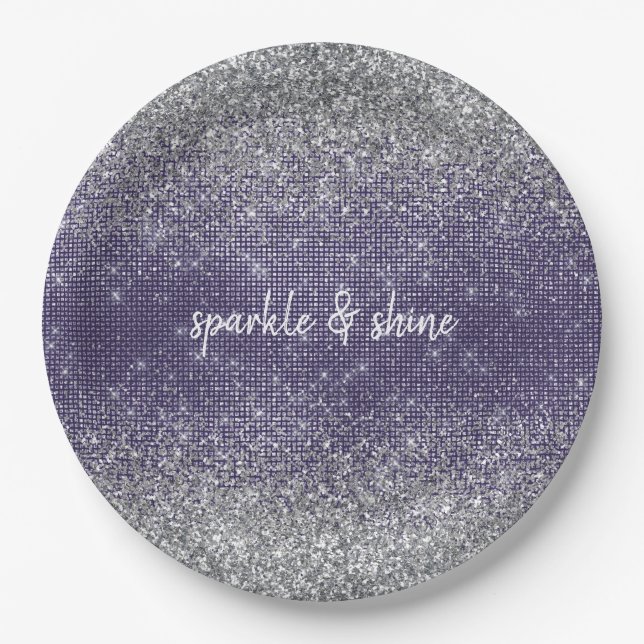 Purple Sparkle Silver Glitter Paper Plate (Front)