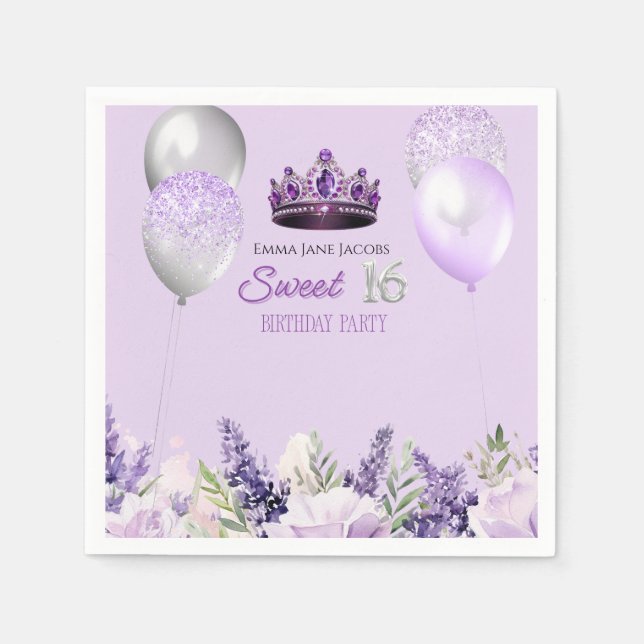 Purple Sparkle Sweet 16 Birthday Party  Napkin (Front)