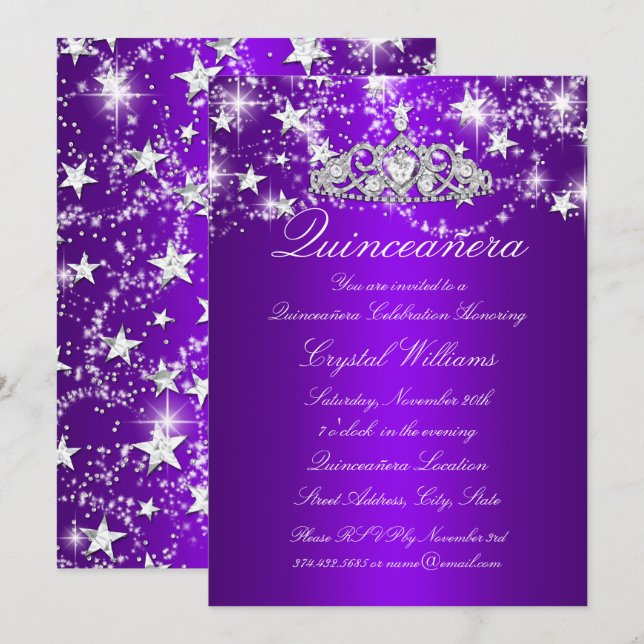 Purple Sparkle Tiara & Stars Quinceanera Invitation (Front/Back)