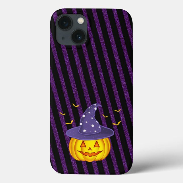 Purple Sparkles & Black Stripes Halloween Pumpkin Case-Mate iPhone Case (Back)