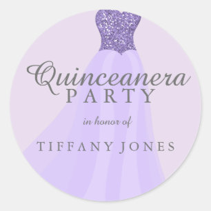 Purple Sparkling Glitter Gown Quinceanera Party Classic Round Sticker