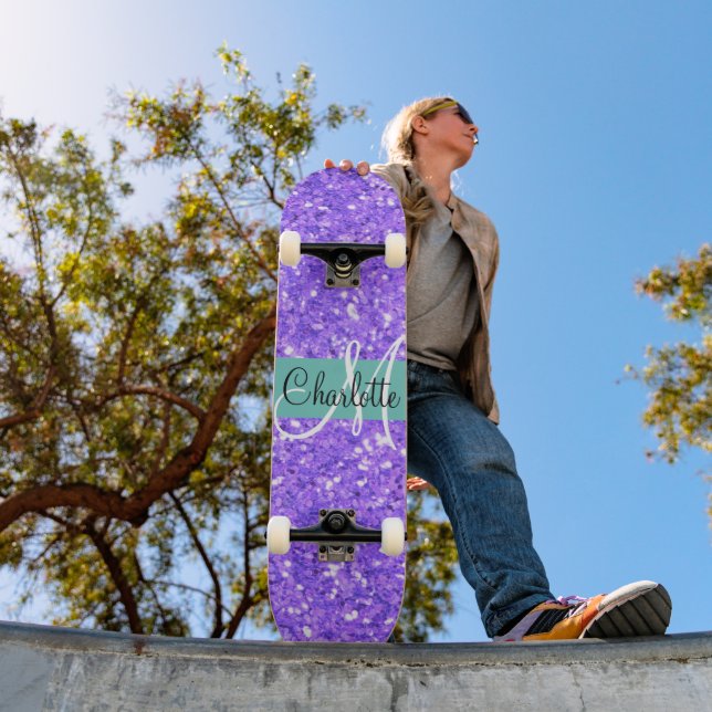 Purple  sparkling glitter monogrammed       skateboard (Outdoor 1)