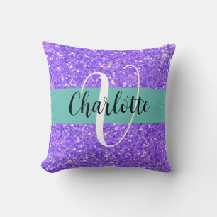 Purple sparkling glitter monogrammed throw pillow