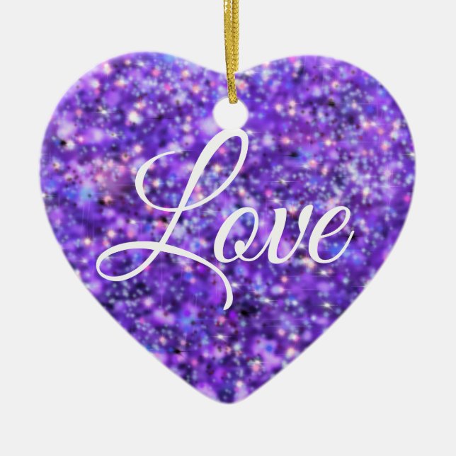 Purple sparkling heart, love glitter valentine ceramic ornament (Front)