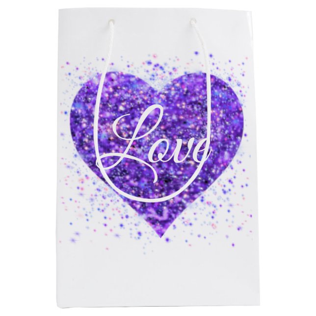 Purple sparkling heart, love glitter valentine medium gift bag (Front)