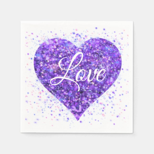 Purple sparkling heart, love glitter valentine napkin (Front)