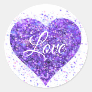 Purple sparkling sequins, love graffiti valentine classic round sticker