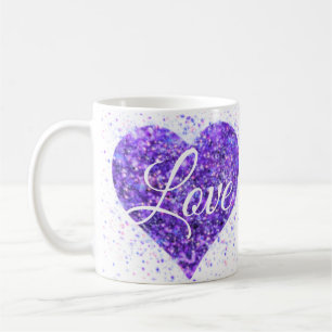 Purple sparkling sequins, love graffiti valentine coffee mug